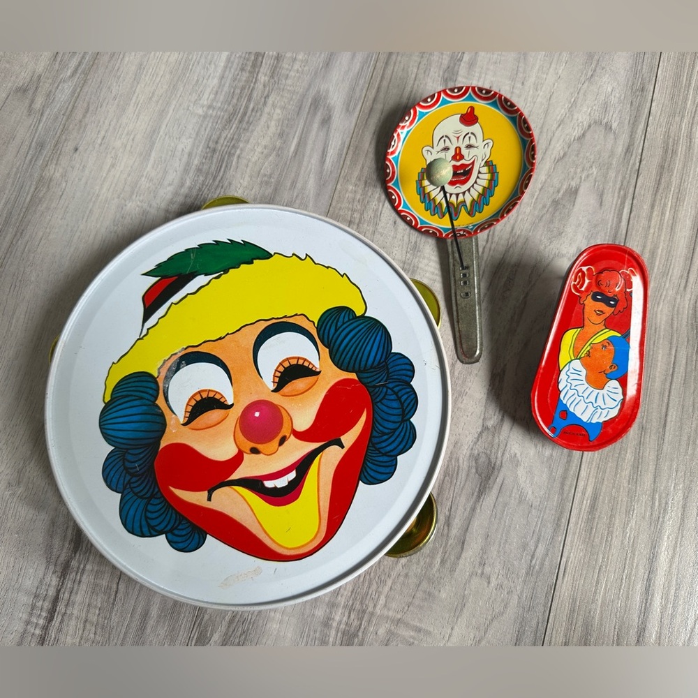 3 Vintage Tin Noise Makers - Tambourine, Clapper / Clacker Paddle & Spinner